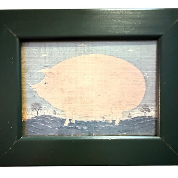 Vintage Warren Kimble Framed Print Pig Mama Chicken Chicks Folk Art Green - Picture 3 of 10